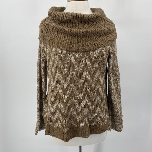 Wooden Ships Sweater Cowl Neck Chevron Patterned Wool Pullover Beige Womens M/L - Picture 2 of 8